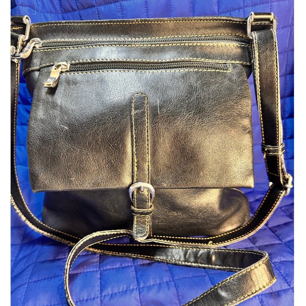 Salamander Black Faux Leather Crossbody Satchel Buckle Flap Zip Pockets Vintage